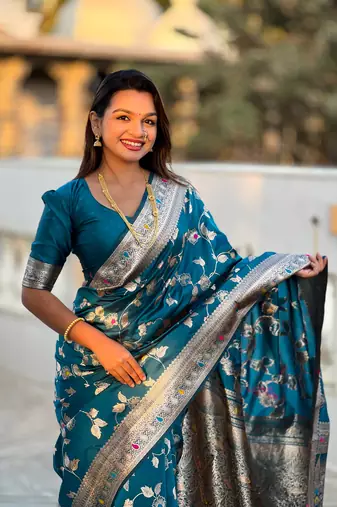 Soft banarasi silk blend saree with zari weaving meenakari design