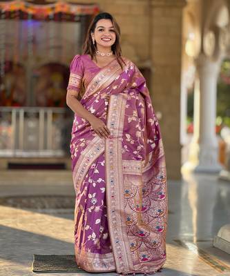Soft banarasi silk blend saree with zari weaving meenakari design 1