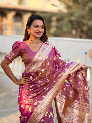 Soft banarasi silk blend saree with zari weaving meenakari design 2