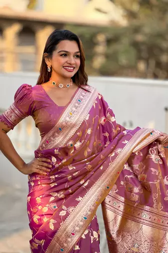 Soft banarasi silk blend saree with zari weaving meenakari design