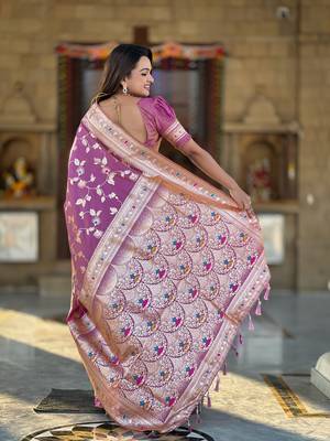 Soft banarasi silk blend saree with zari weaving meenakari design 3