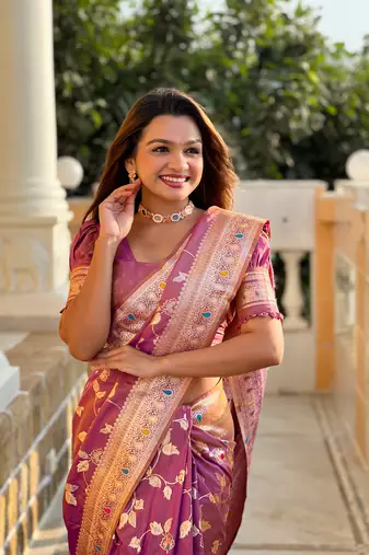 Soft banarasi silk blend saree with zari weaving meenakari design
