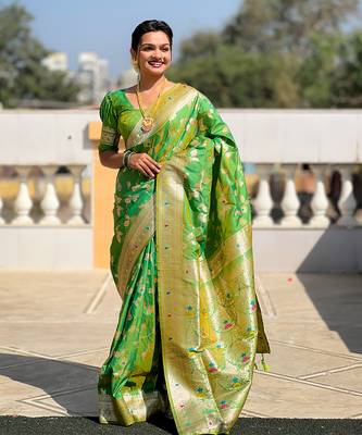 Soft banarasi silk blend saree with zari weaving meenakari design 1