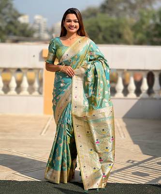 Soft banarasi silk blend saree with zari weaving meenakari design 1