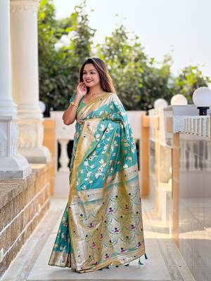 Soft banarasi silk blend saree with zari weaving meenakari design 2
