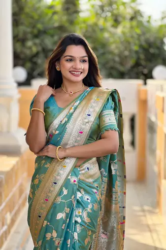 Soft banarasi silk blend saree with zari weaving meenakari design