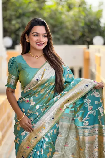 Soft banarasi silk blend saree with zari weaving meenakari design