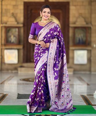 Soft banarasi silk blend saree with zari weaving meenakari design 1