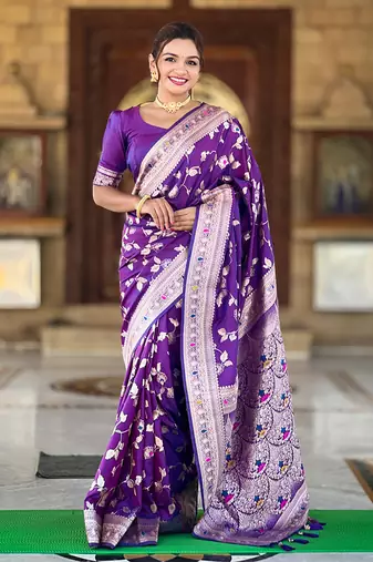 Soft banarasi silk blend saree with zari weaving meenakari design
