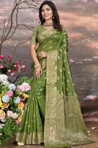 Olive green art silk woven work festival saree