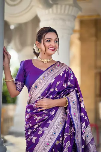 Soft banarasi silk blend saree with zari weaving meenakari design