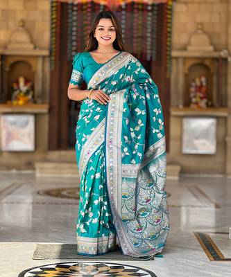 Soft banarasi silk blend saree with zari weaving meenakari design 1