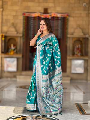 Soft banarasi silk blend saree with zari weaving meenakari design 2