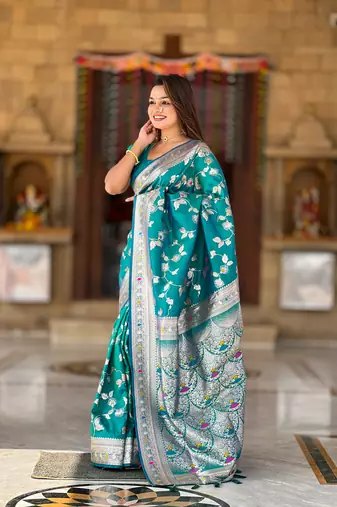 Soft banarasi silk blend saree with zari weaving meenakari design