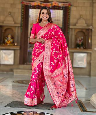 Soft banarasi silk blend saree with zari weaving meenakari design 1