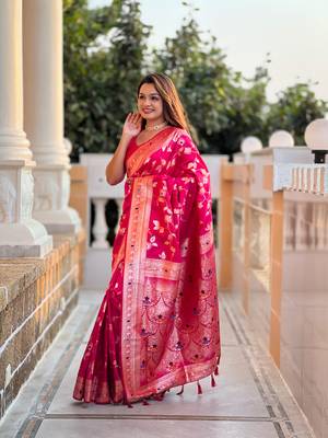 Soft banarasi silk blend saree with zari weaving meenakari design 2