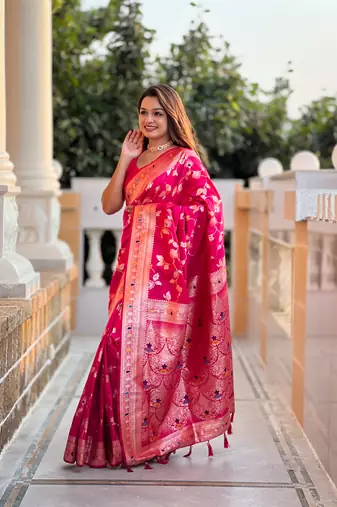 Soft banarasi silk blend saree with zari weaving meenakari design