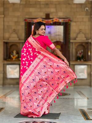 Soft banarasi silk blend saree with zari weaving meenakari design 3