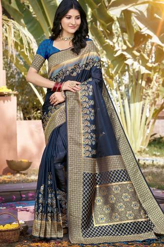 Blue art silk woven work festival saree