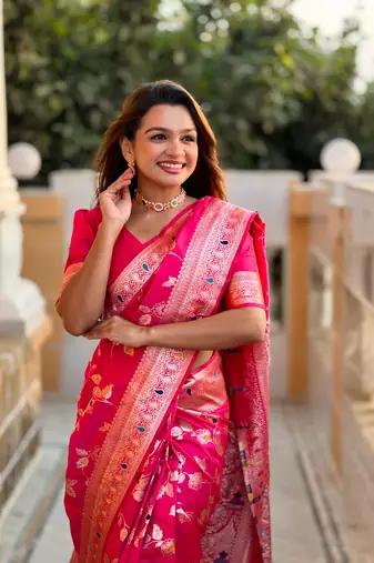 Soft banarasi silk blend saree with zari weaving meenakari design