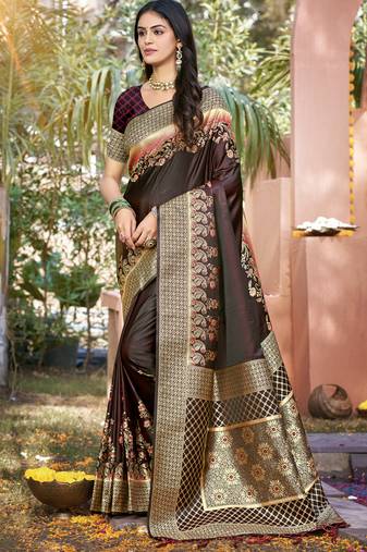 Maroon art silk woven work festival saree