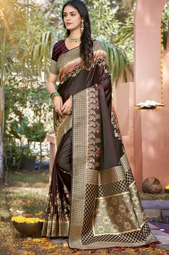 Maroon art silk woven work festival saree