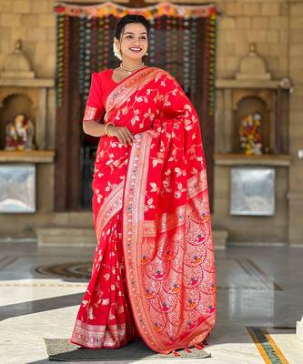 Soft banarasi silk blend saree with zari weaving meenakari design 1