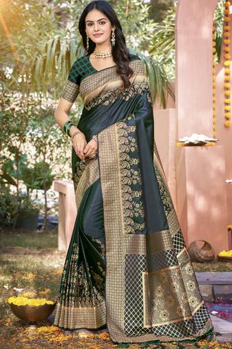 Bottle green art silk woven work festival saree