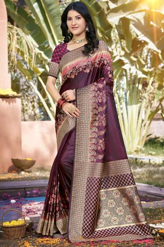 Wine art silk woven work festival saree