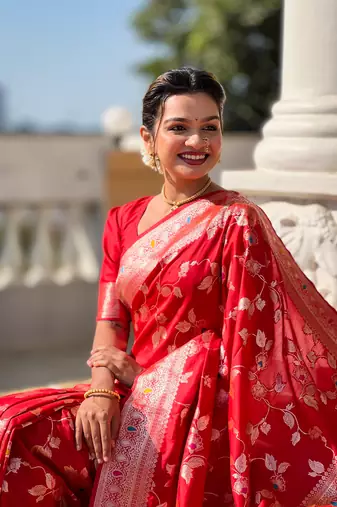 Soft banarasi silk blend saree with zari weaving meenakari design