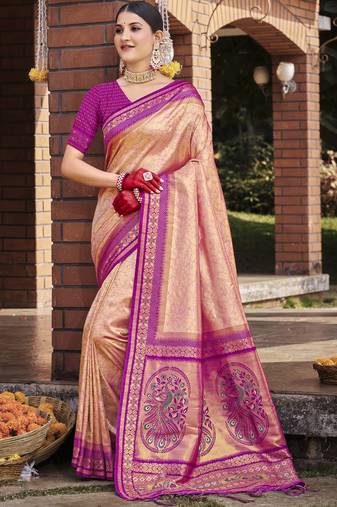 Peach art silk woven work festival saree