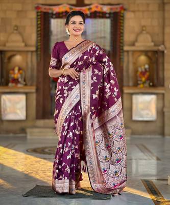 Soft banarasi silk blend saree with zari weaving meenakari design 1
