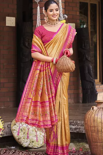 Mustard art silk woven work festival saree