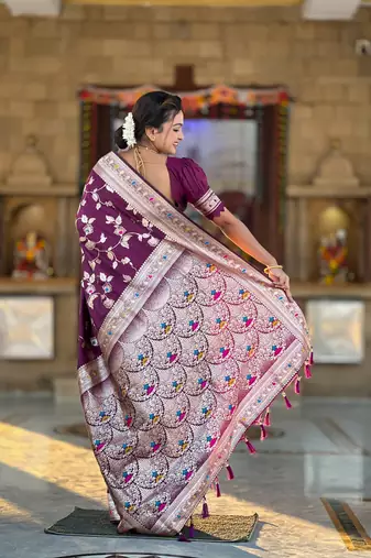 Soft banarasi silk blend saree with zari weaving meenakari design