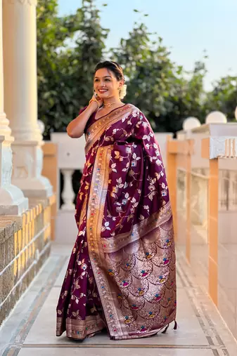 Soft banarasi silk blend saree with zari weaving meenakari design