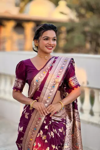 Soft banarasi silk blend saree with zari weaving meenakari design