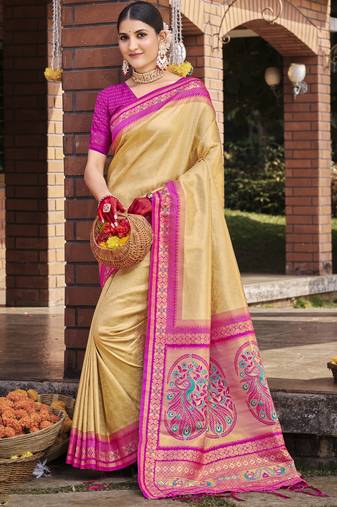 Beige art silk woven work festival saree