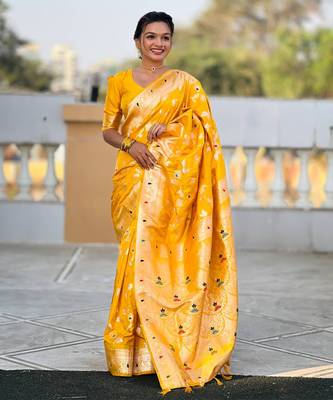 Soft banarasi silk blend saree with zari weaving meenakari design 1