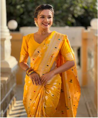 Soft banarasi silk blend saree with zari weaving meenakari design 3