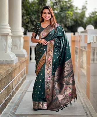 Soft banarasi silk blend saree with zari weaving meenakari design 1