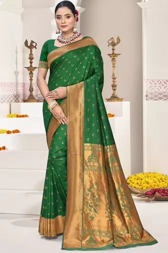 Dark green art silk woven work festival saree