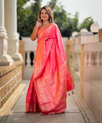 Soft banarasi silk blend saree with zari weaving meenakari design 1
