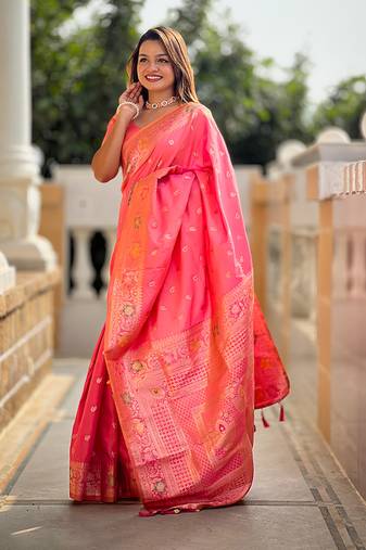 Soft banarasi silk blend saree with zari weaving meenakari design
