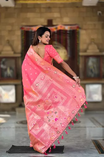 Soft banarasi silk blend saree with zari weaving meenakari design