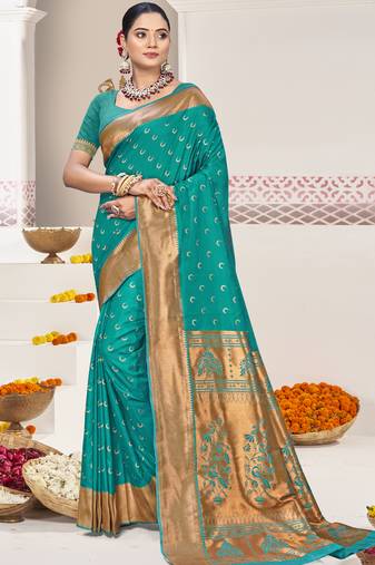 Teal blue art silk woven work festival saree