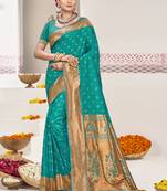 Teal blue art silk woven work festival saree