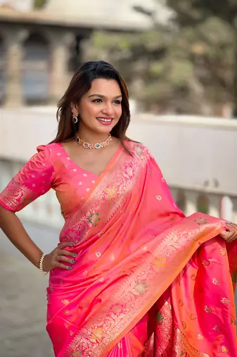 Soft banarasi silk blend saree with zari weaving meenakari design