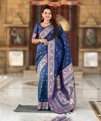 Soft banarasi silk blend saree with zari weaving meenakari design 1