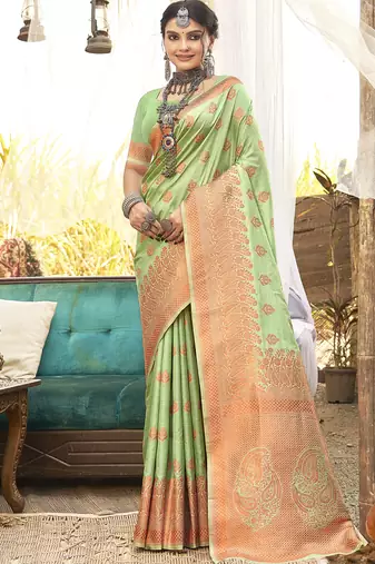 Pista green art silk woven work festival saree