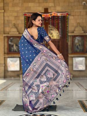 Soft banarasi silk blend saree with zari weaving meenakari design 3